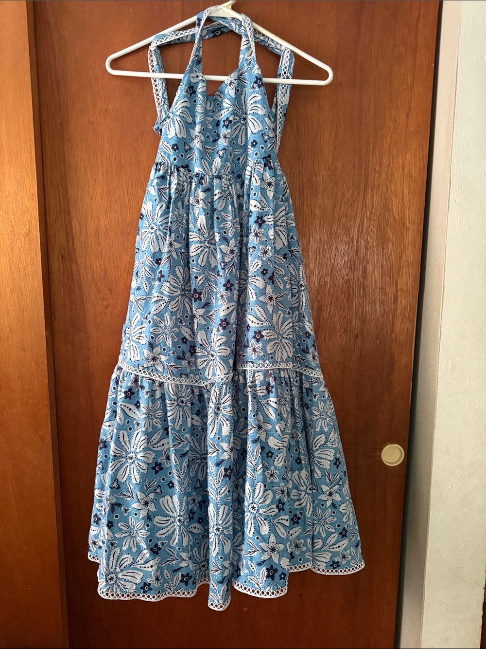 Joie Blue White Floral Halter Tiered Maxi Dress